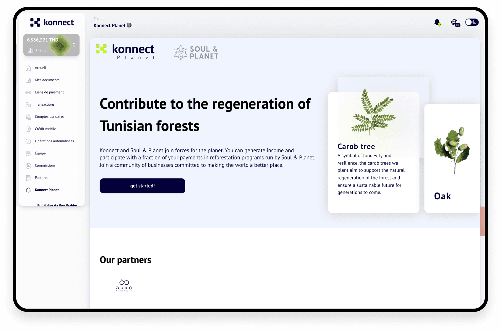 Konnect Planet dans le dashboard Konnect, avec Soul & Planet